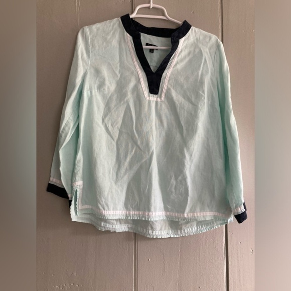 Talbots Linen Tunic Top Women Small Petite Mint Green Blue Coastal